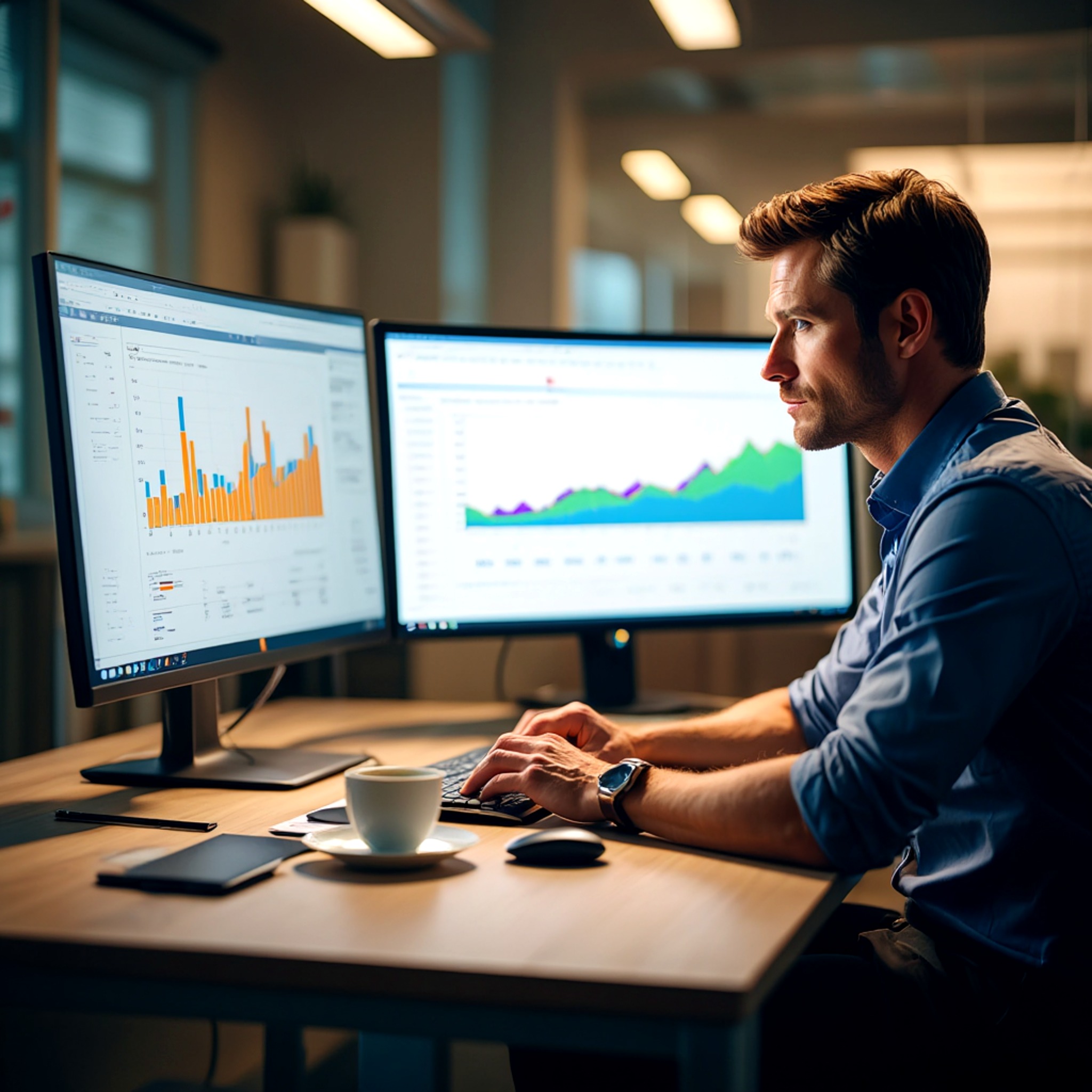 Analista revisando paneles y gráficos empresariales